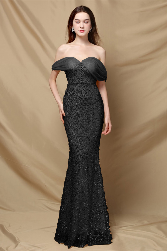 Elegant Off the Shoulder Mermaid Sequins Prom Dress With Sweetheart Buttons