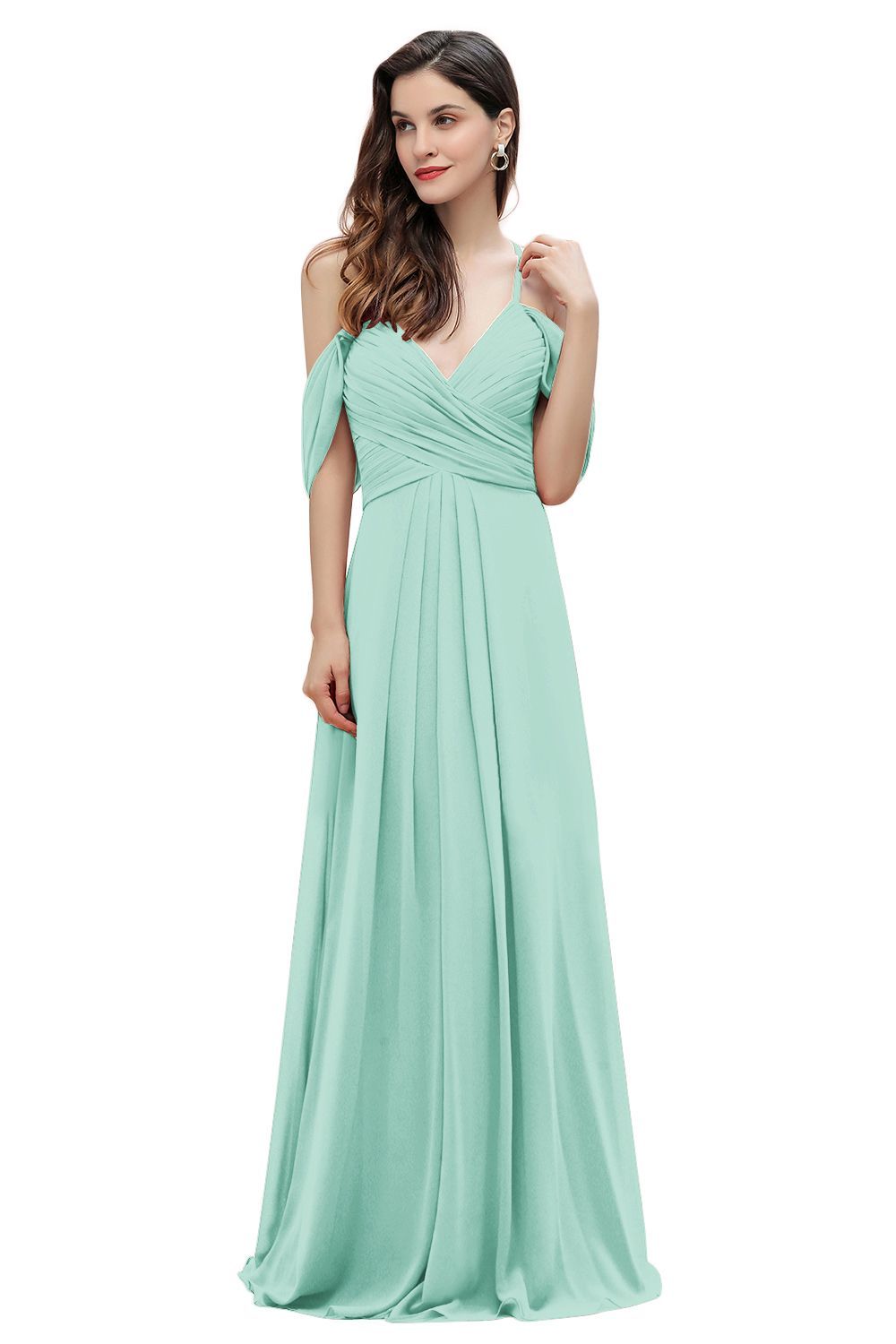 Elegant A-line Off-the-Shoulder V-neck Ruched Long Bridesmaid Dress-27prom