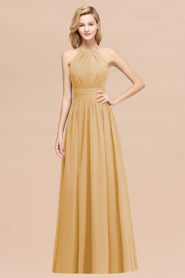 27prom Elegant High-Neck Halter Long Affordable Bridesmaid Dresses with Ruffles-27prom