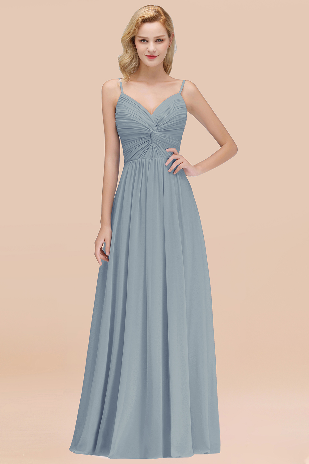 27prom Chic V-Neck Pleated Backless Bridesmaid Dresses with Spaghetti Straps-27prom