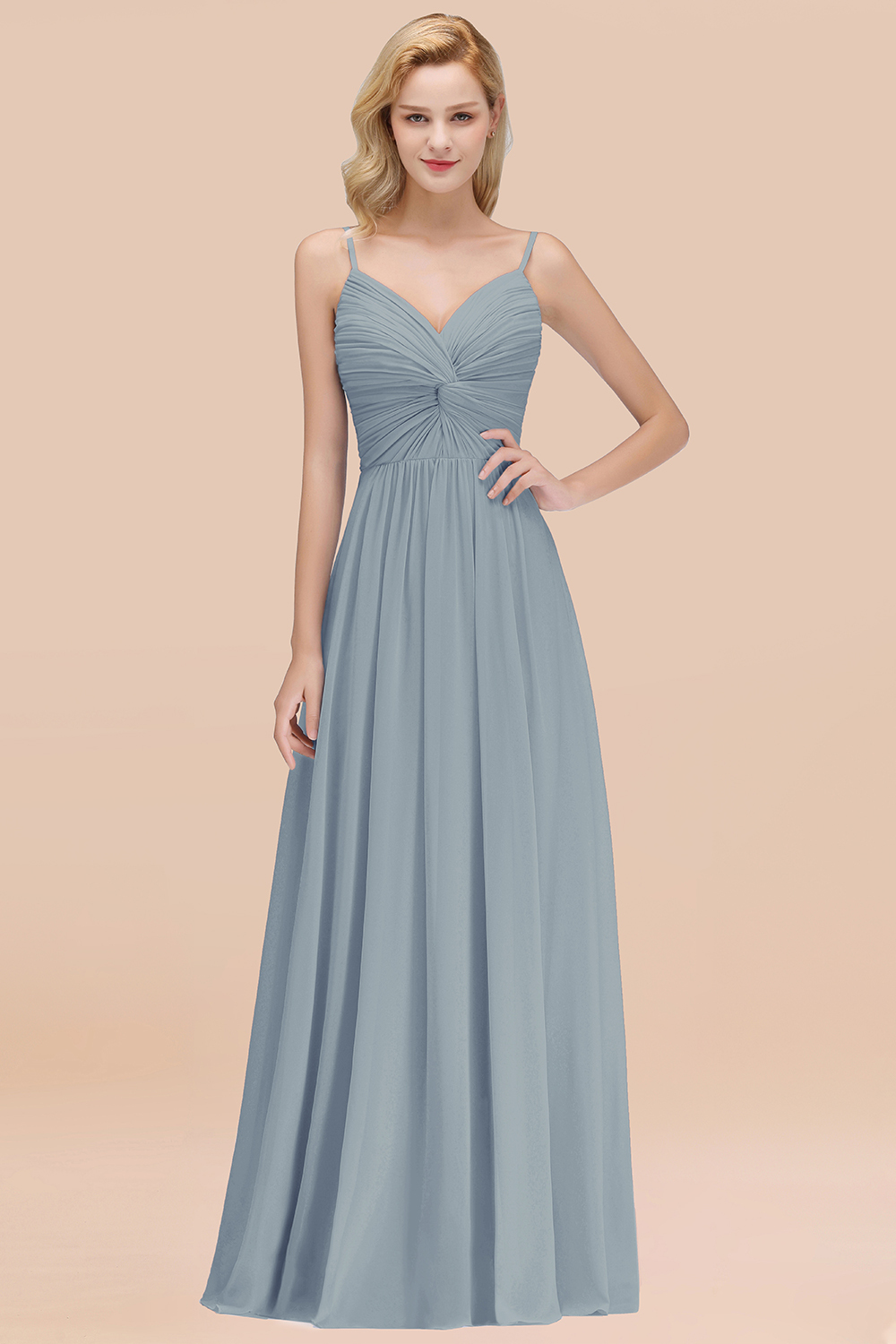 27prom Chic V-Neck Pleated Backless Bridesmaid Dresses with Spaghetti Straps-27prom