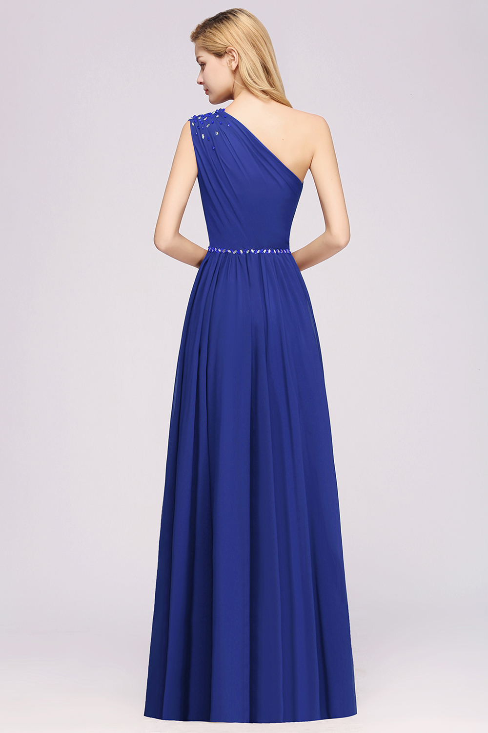 27prom Modest One-shoulder Royal Blue Affordable Bridesmaid Dress with Beadings-27prom