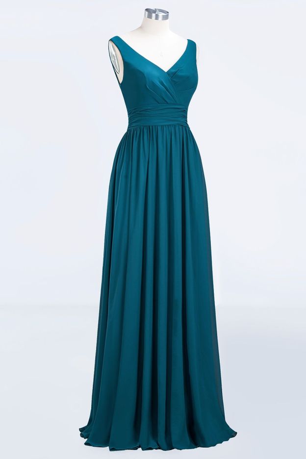 27prom Modest Sleeveless V-Neck Long Chiffon Bridesmaid Dress Online with Ruffle-27prom