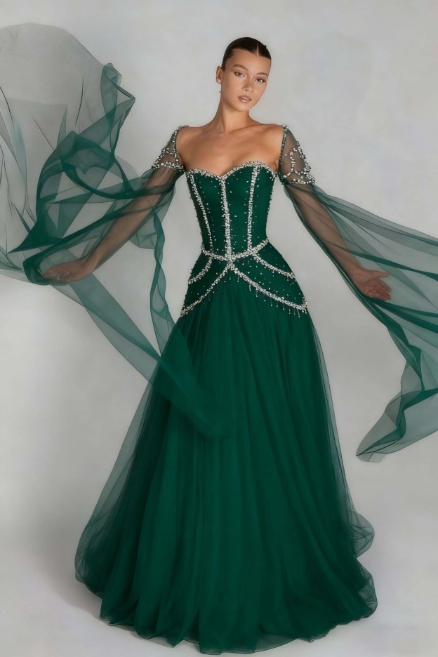 Long Sleeves Sweetheart Long A Line Prom Dress With Pleated Beading