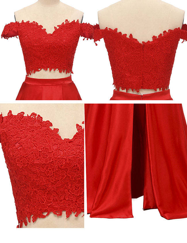 Off-the-Shoulder Two Pieces Prom Dress with Appliques and Slit