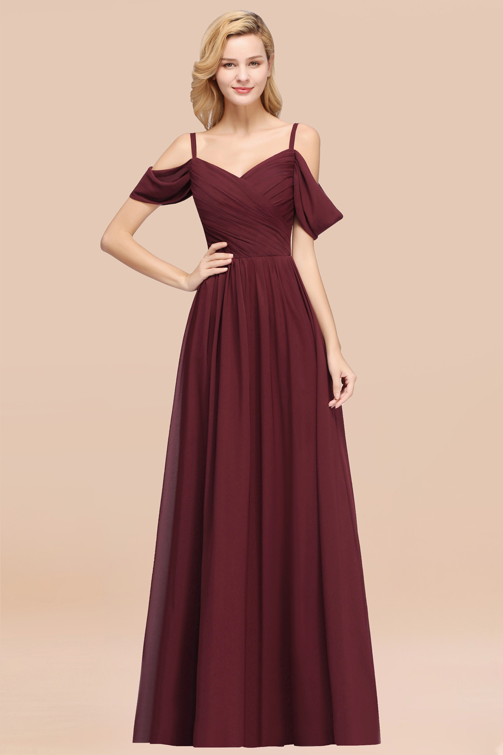 27prom Chic Off-the-shoulder Burgundy Bridesmaid Dress with Spaghetti Straps-27prom