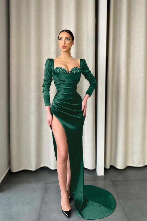 Long Sleeves Dark Green Sweetheart Split Prom Dress With Sequins