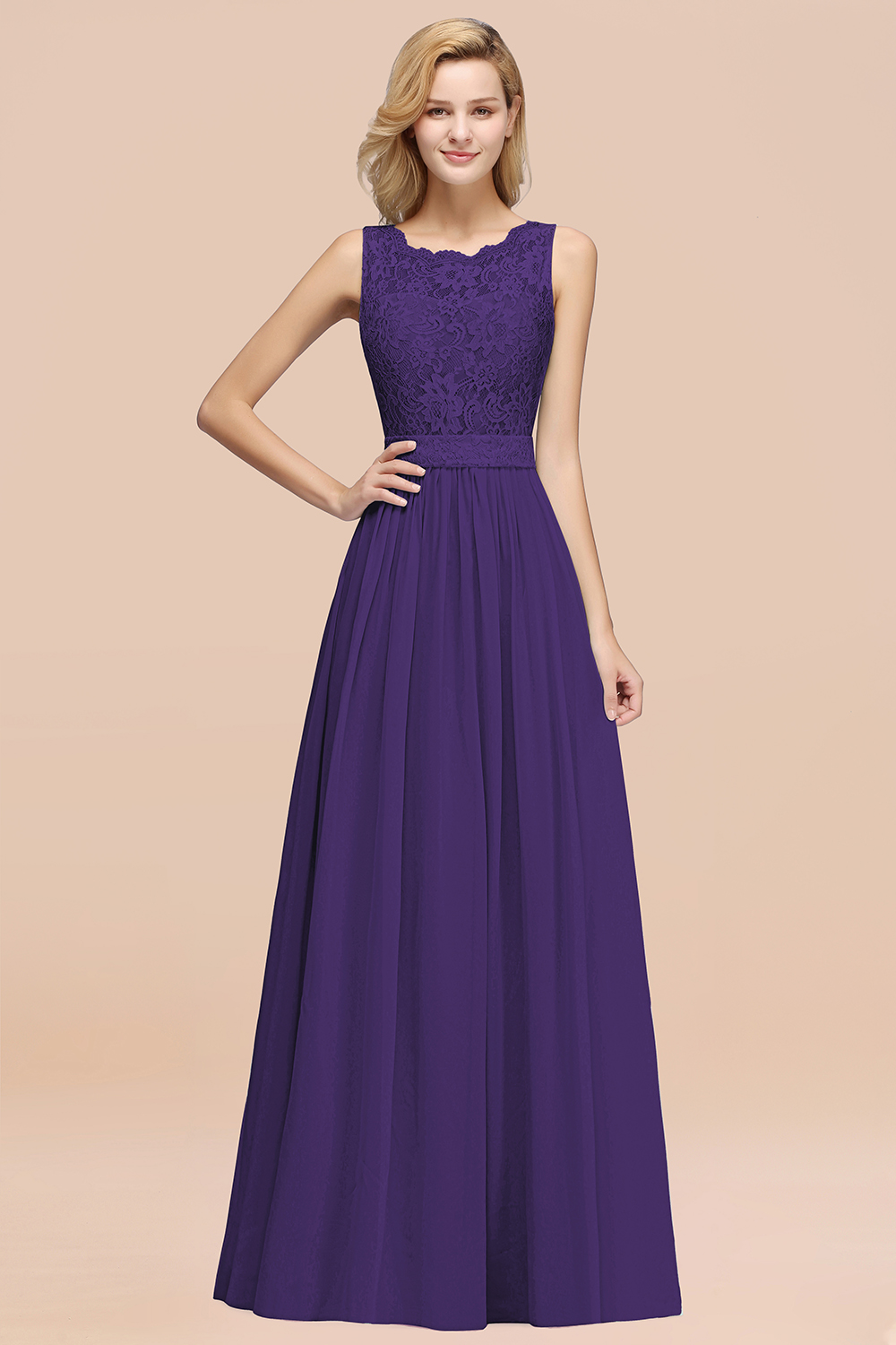 27prom Elegant Chiffon Lace Scalloped Sleeveless Ruffle Bridesmaid Dresses-27prom