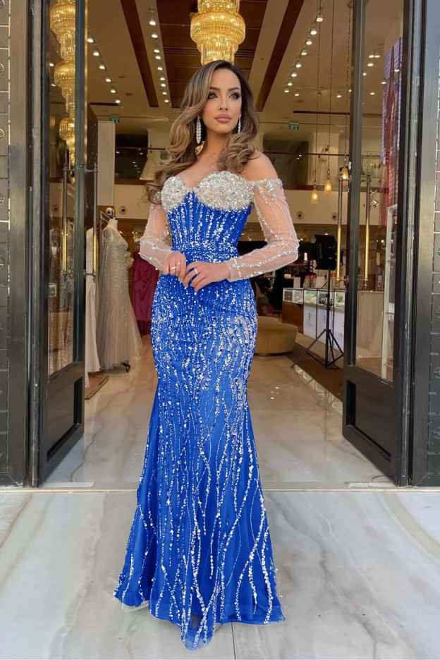 Heavy Prom Dress Sweetheart Long Sleeves Strapless Beading Long Tulle