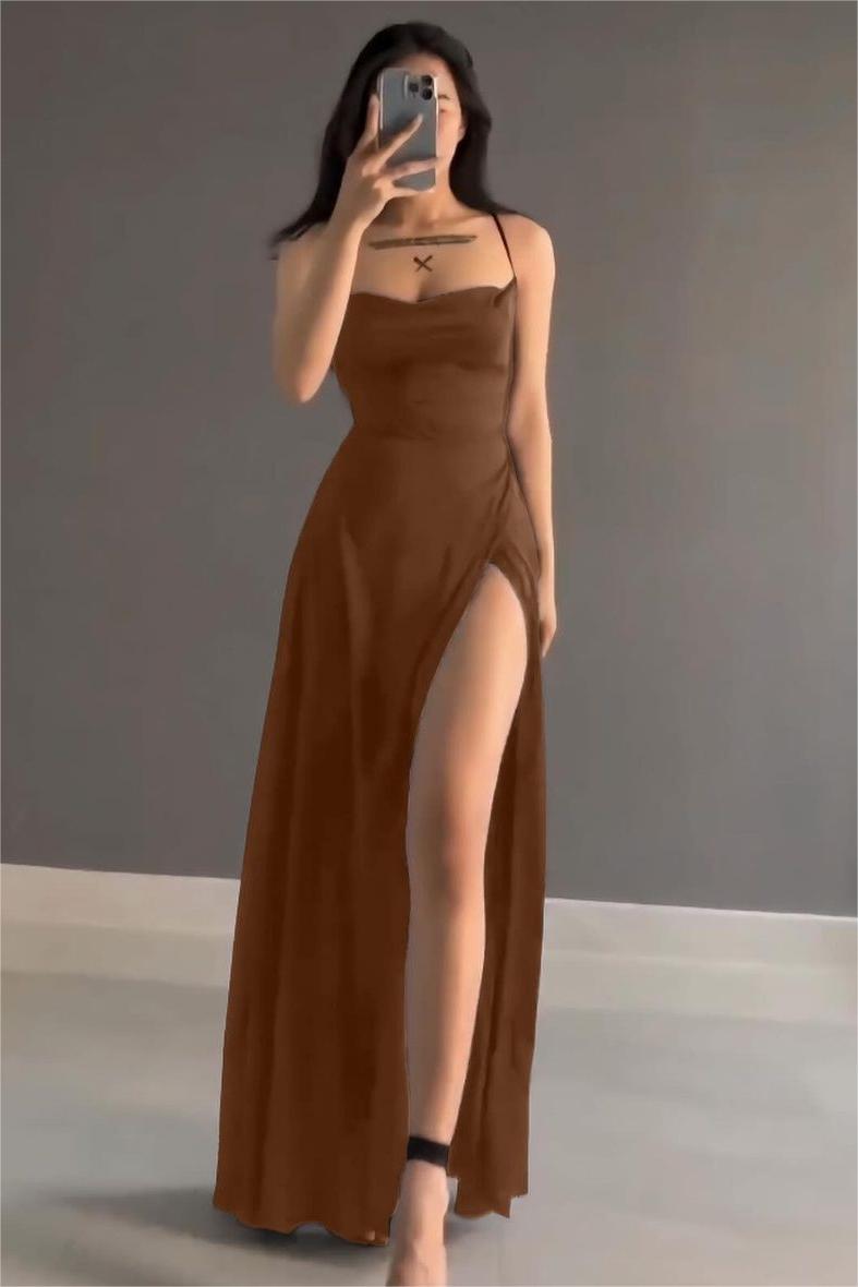 Simple Black Stain Spaghetti Strap Sleeveless Long Prom Dress With Split