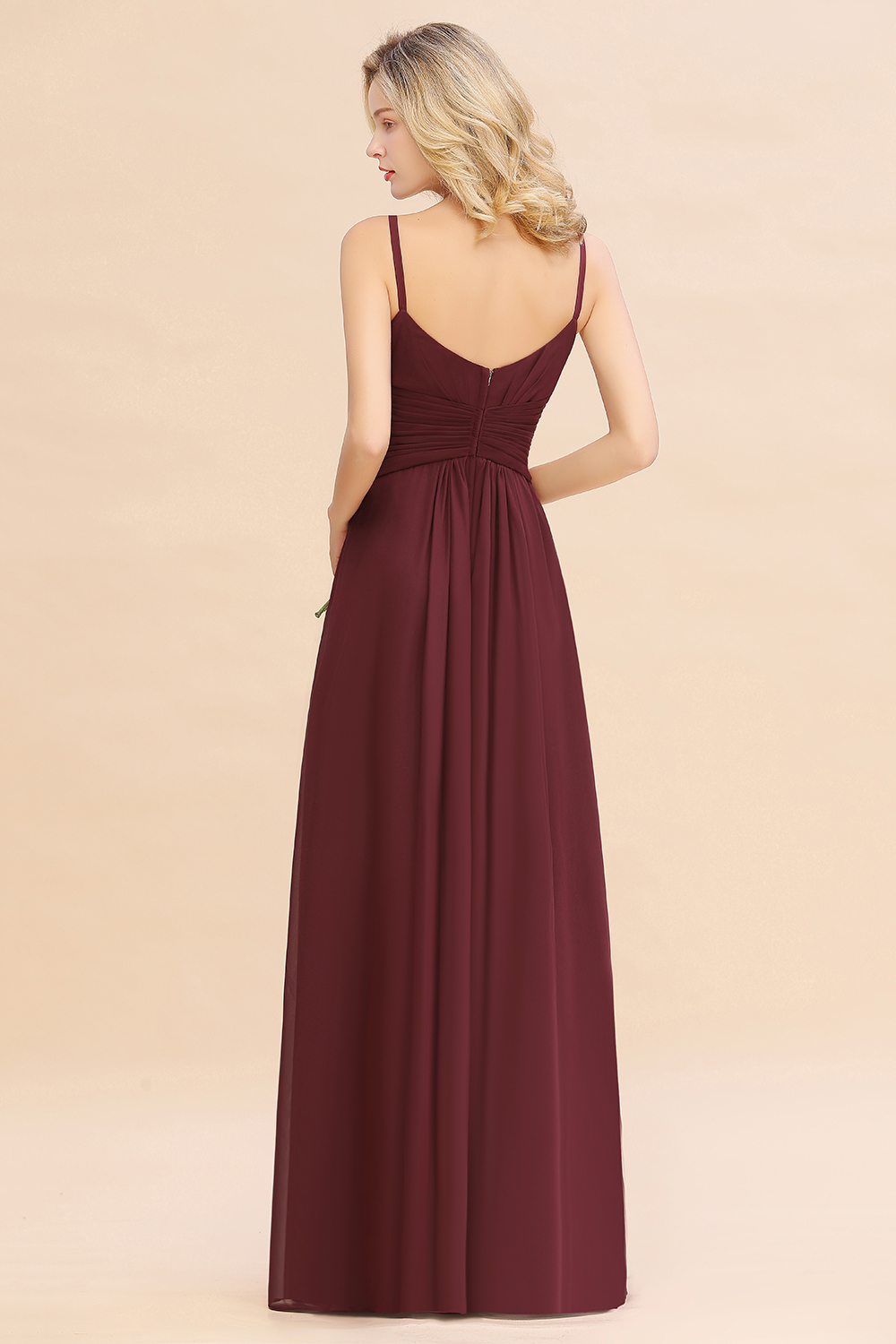 27prom Modest Ruffle Spaghetti Straps Backless Burgundy Bridesmaid Dresses Affordable-27prom