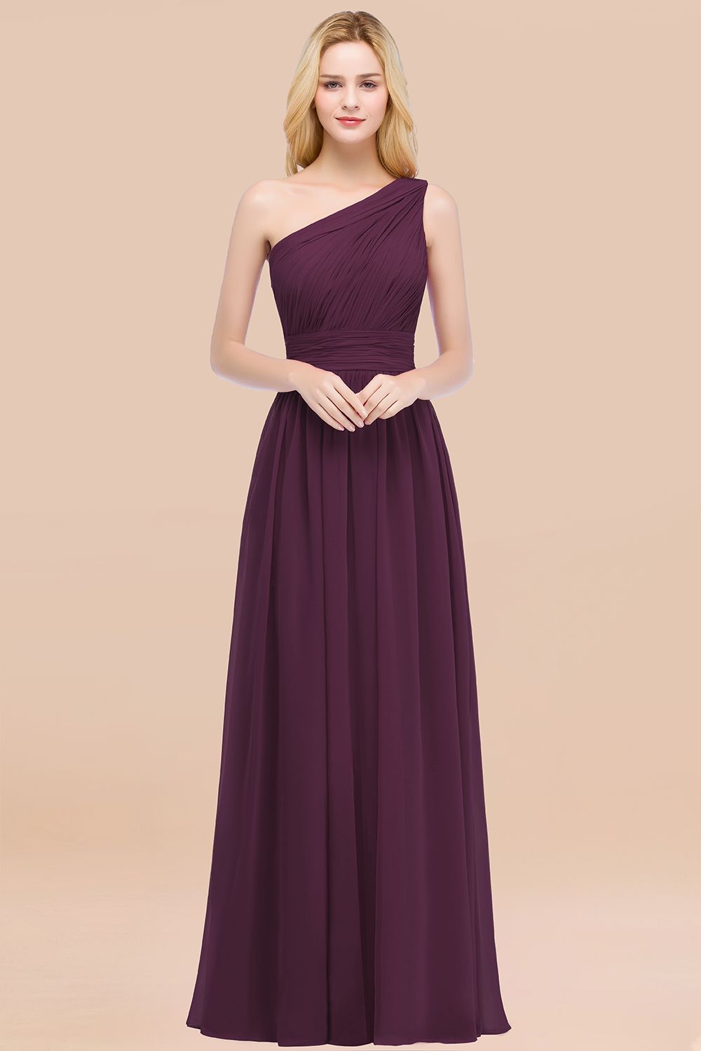 27prom Chic One-shoulder Sleeveless Burgundy Chiffon Bridesmaid Dresses Online-27prom
