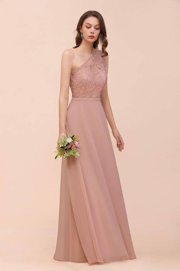 27prom New Arrival Dusty Rose One Shoulder Lace Long Bridesmaid Dress-27prom