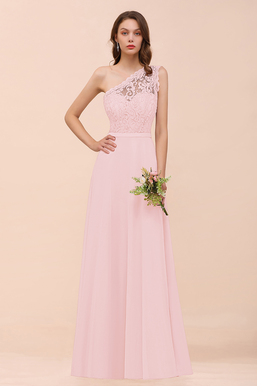27prom New Arrival Dusty Rose One Shoulder Lace Long Bridesmaid Dress-27prom