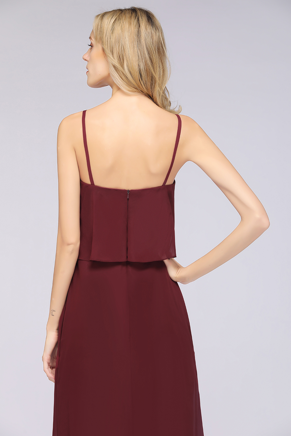 27prom Affordable Spaghetti-Straps V-Neck Burgundy Chiffon Bridesmaid Dresses-27prom