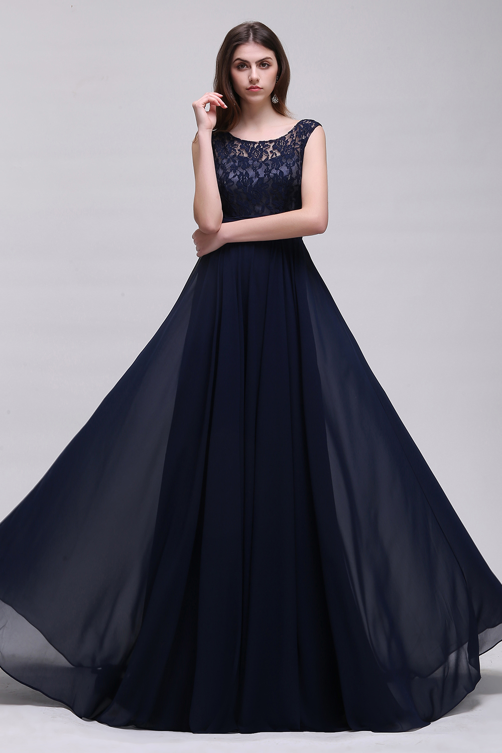 27prom Vintage Lace Scoop Sleeveless Dark Blue Bridesmaid Dress with V-Back-27prom