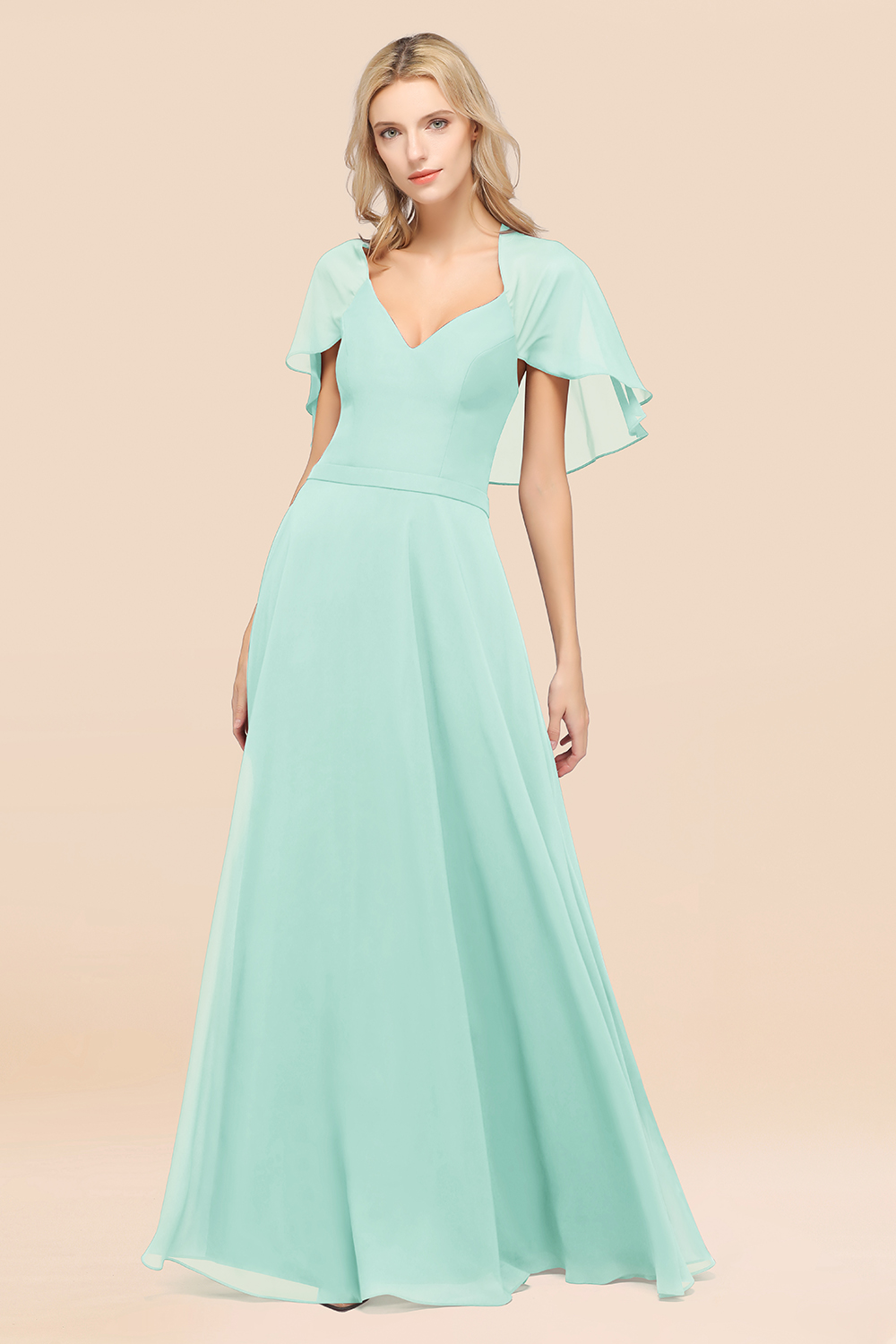 27prom Chic Satin V-Neck Long Burgundy Chiffon Bridesmaid Dress with Flutter Sleeve-27prom