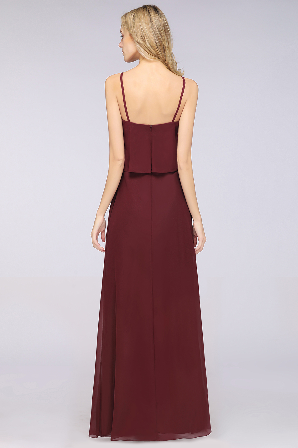 27prom Affordable Spaghetti-Straps V-Neck Burgundy Chiffon Bridesmaid Dresses-27prom