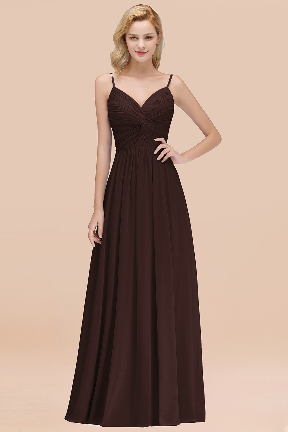 27prom Chic V-Neck Pleated Backless Bridesmaid Dresses with Spaghetti Straps-27prom