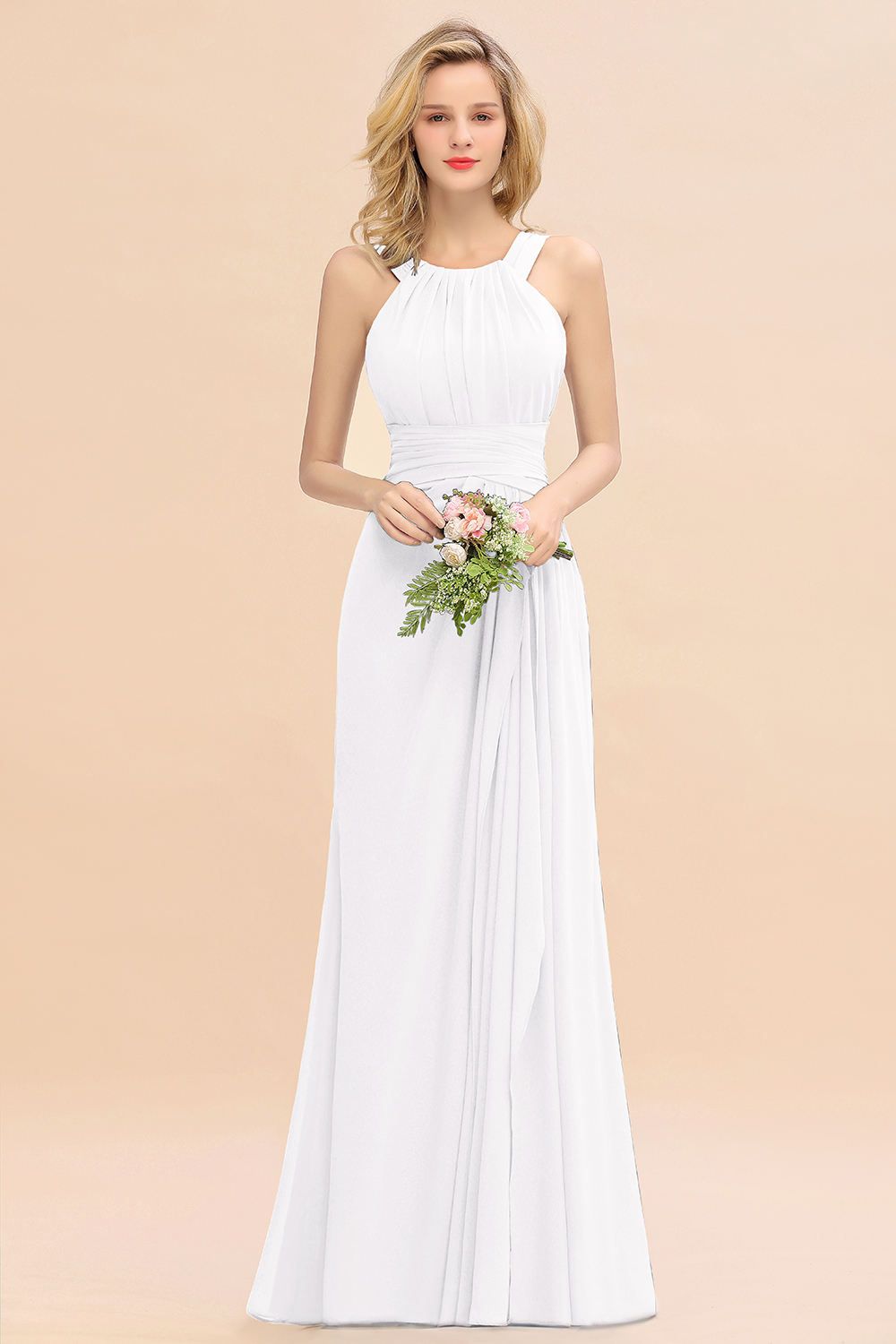 27prom Elegant Round Neck Sleeveless Bridesmaid Dress with Ruffles-27prom