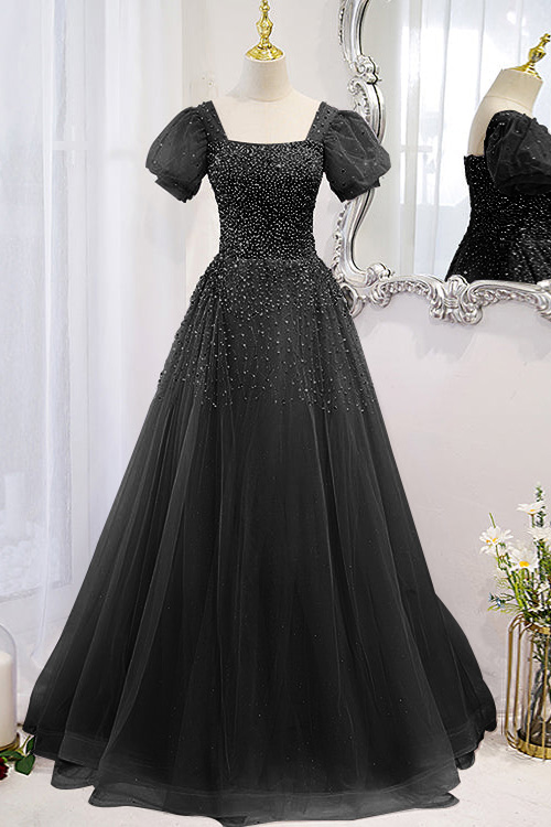 Chic Lace Up Prom Dress Beadings A Line Short Sleeves With Square Online