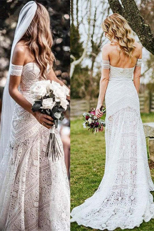 Off-the-Shoulder Boho Lace Mermaid Wedding Dress