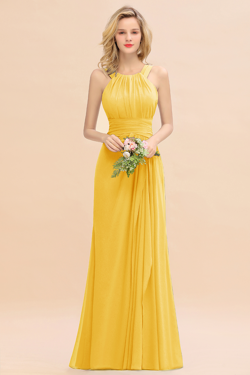 27prom Elegant Round Neck Sleeveless Bridesmaid Dress with Ruffles-27prom