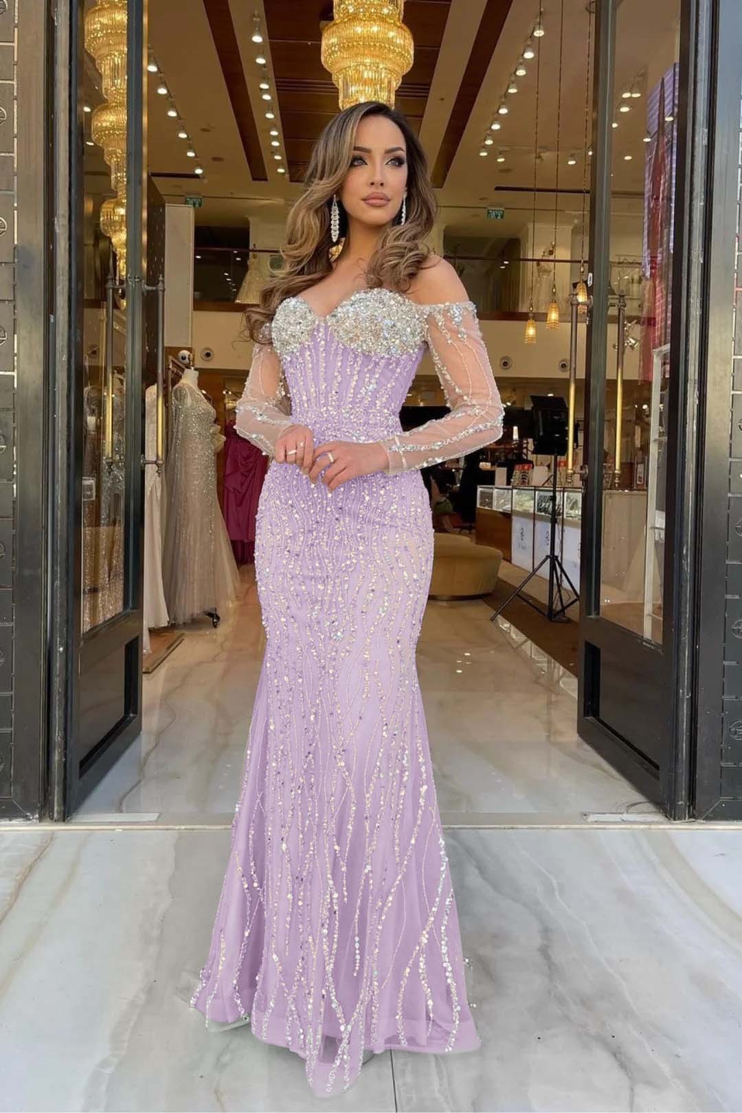 Heavy Prom Dress Sweetheart Long Sleeves Strapless Beading Long Tulle