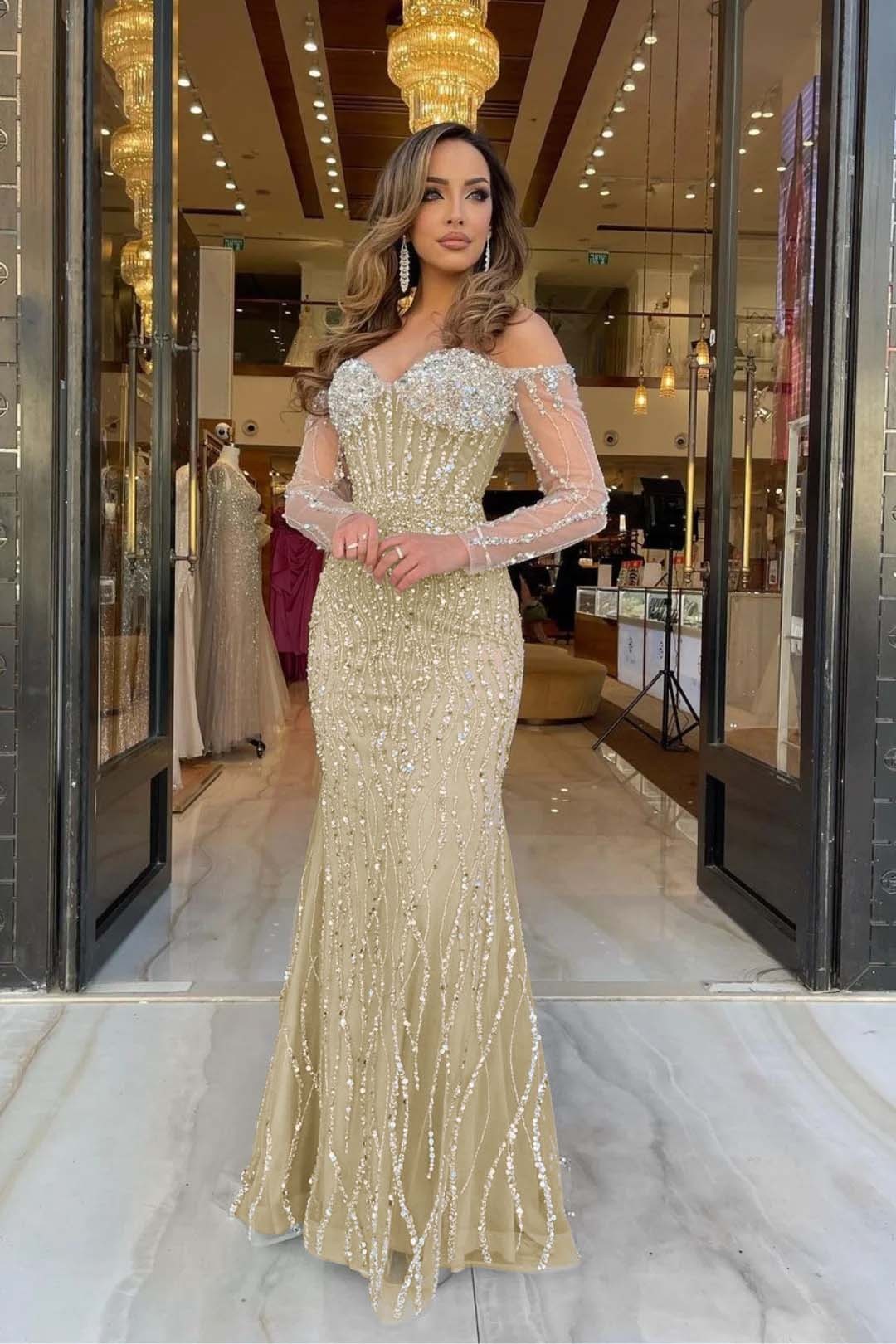 Heavy Prom Dress Sweetheart Long Sleeves Strapless Beading Long Tulle