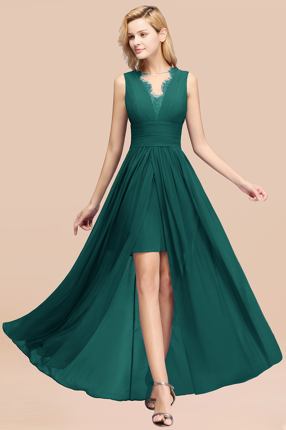 27prom Elegant Chiffon Lace Jewel Sleeveless Bridesmaid Dress with Ruffle-27prom
