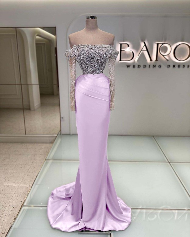 Off the Shoulder Long Sleeves  Long Mermaid Prom Dress With Beading