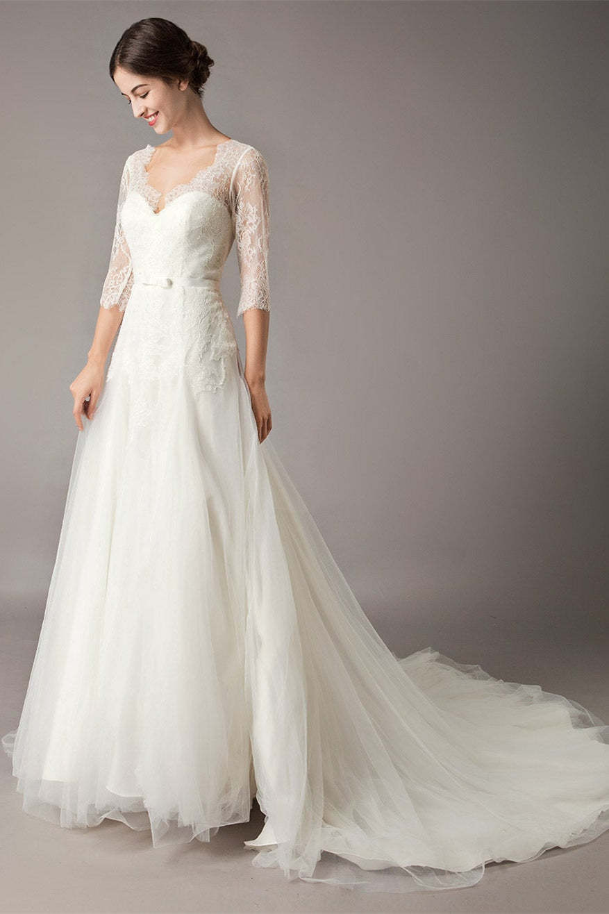 Half Sleeve Lace Beach Wedding Dress