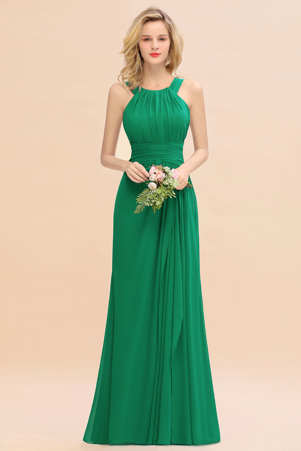 27prom Elegant Round Neck Sleeveless Bridesmaid Dress with Ruffles-27prom