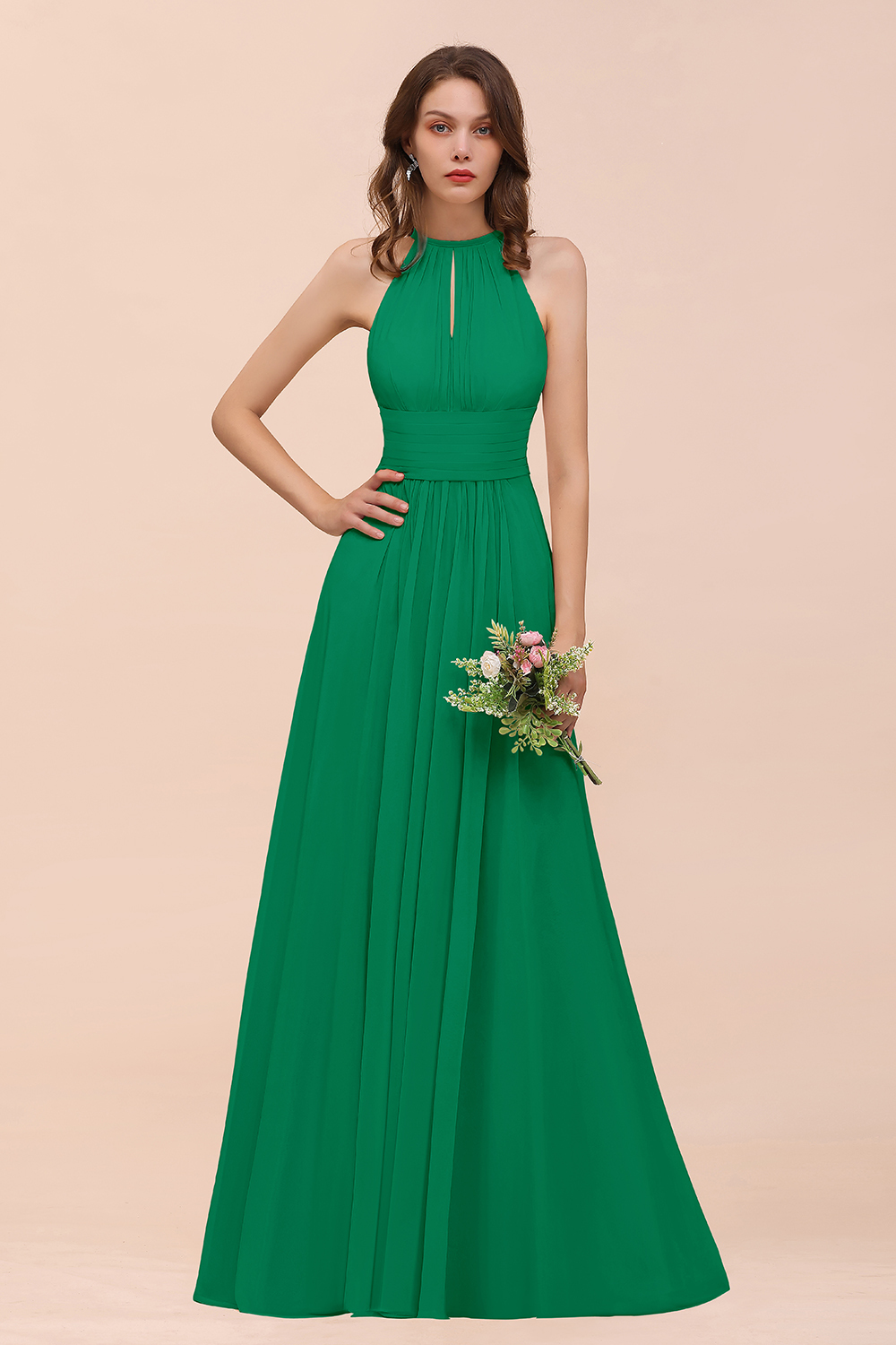 27prom Elegant Chiffon Jewel Ruffle Champagne Affordable Bridesmaid Dress Online-27prom
