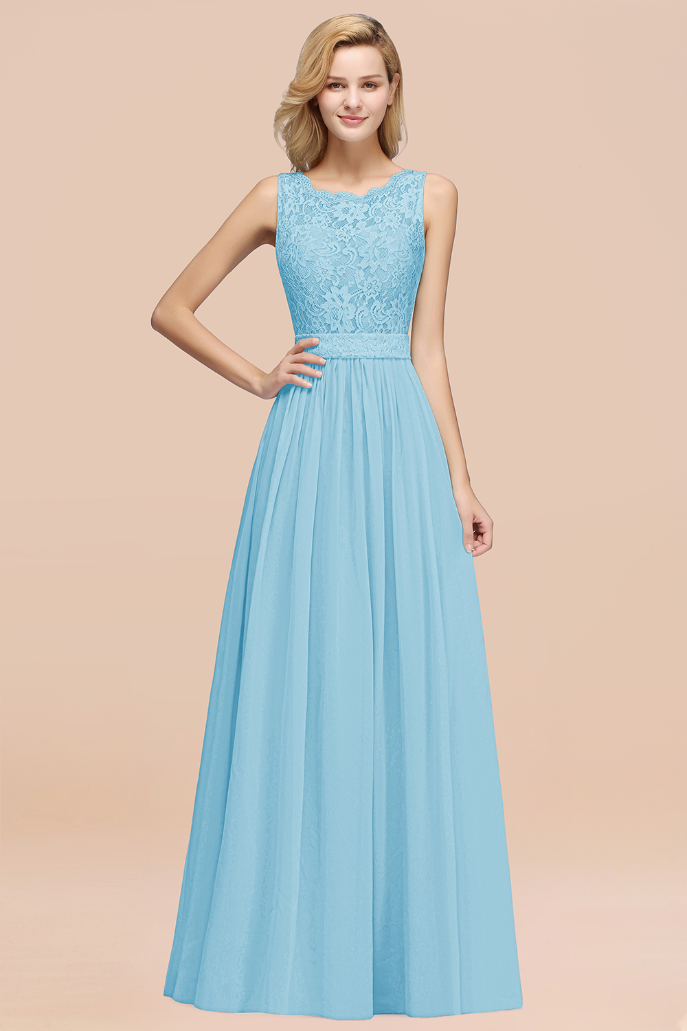 27prom Elegant Chiffon Lace Scalloped Sleeveless Ruffle Bridesmaid Dresses-27prom