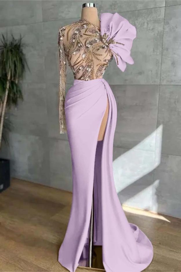 Long Sleeves Long Mermaid Prom Dress With High Split Appliques