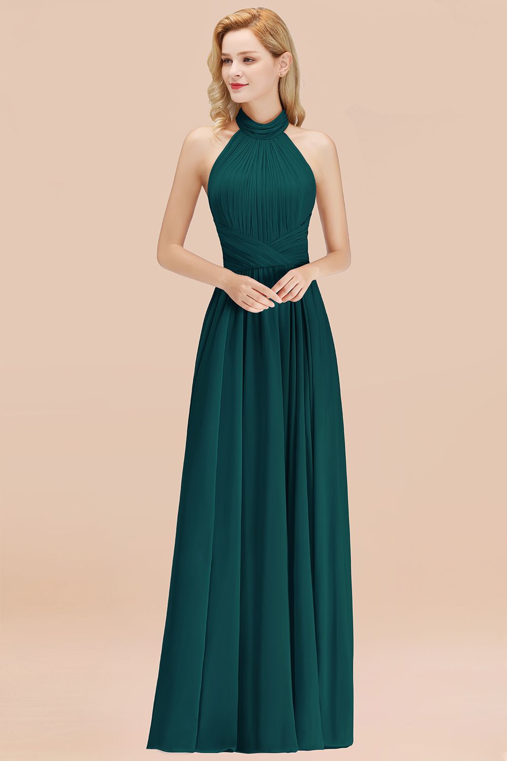 27prom Gorgeous High-Neck Halter Backless Bridesmaid Dress Dusty Rose Chiffon Maid of Honor Dress-27prom