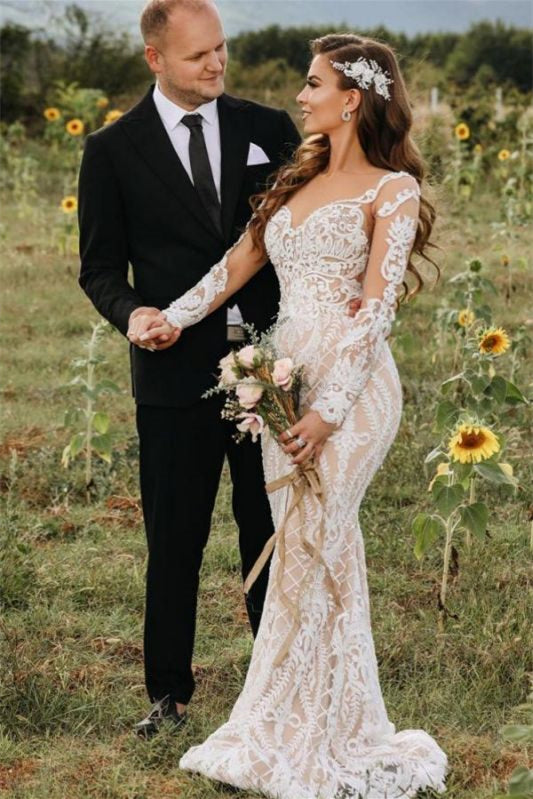 Illusion Long Sleeve Mermaid Lace Wedding Dress Online