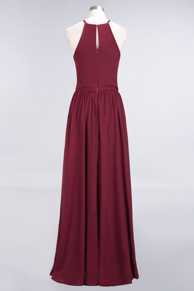 27prom Affordable Halter Bow Long Bridesmaid Dress Modest Burgundy Chiffon Wedding Party Dress-27prom