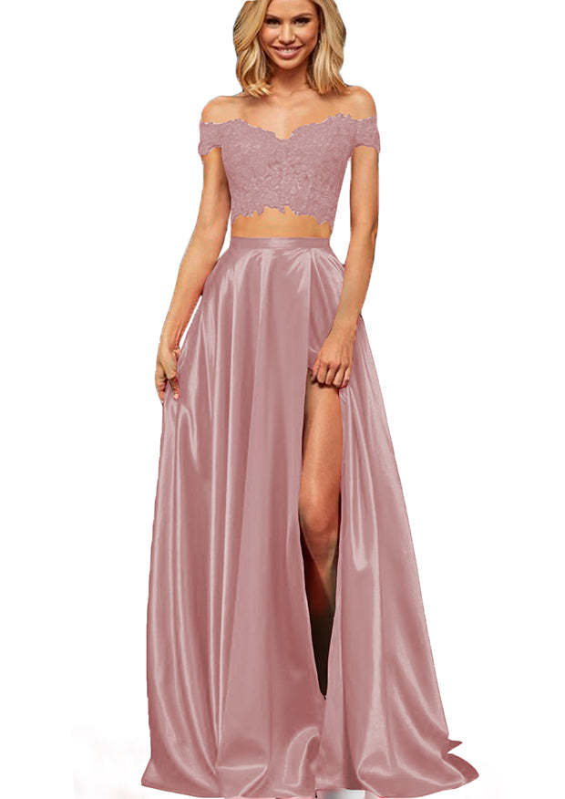 Off-the-Shoulder Two Pieces Prom Dress with Appliques and Slit