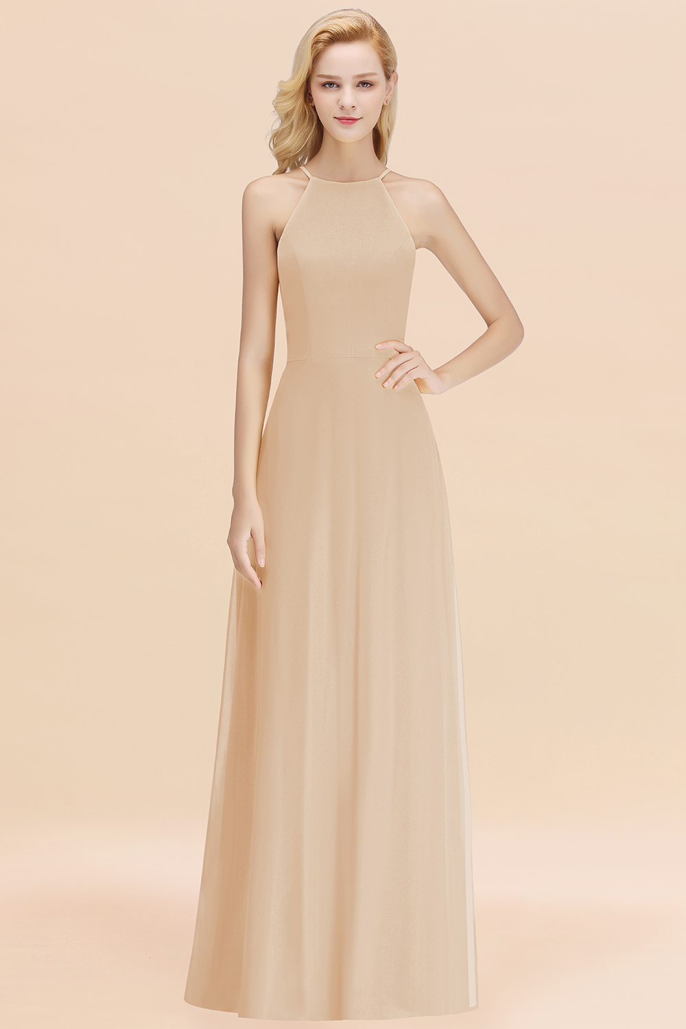 27prom Modest High-Neck Yellow Chiffon Affordable Bridesmaid Dresses Online-27prom