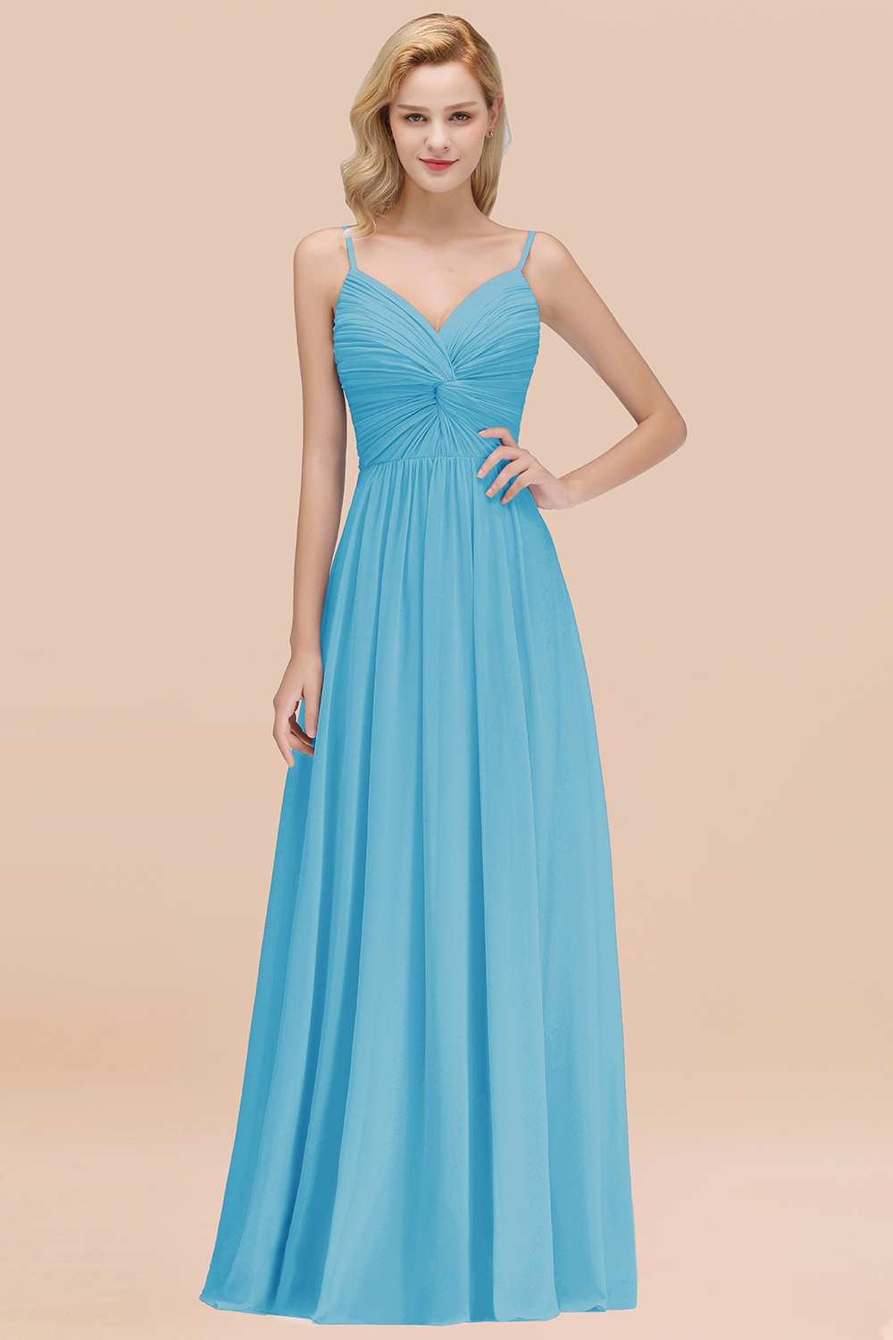 27prom Chic V-Neck Pleated Backless Bridesmaid Dresses with Spaghetti Straps-27prom