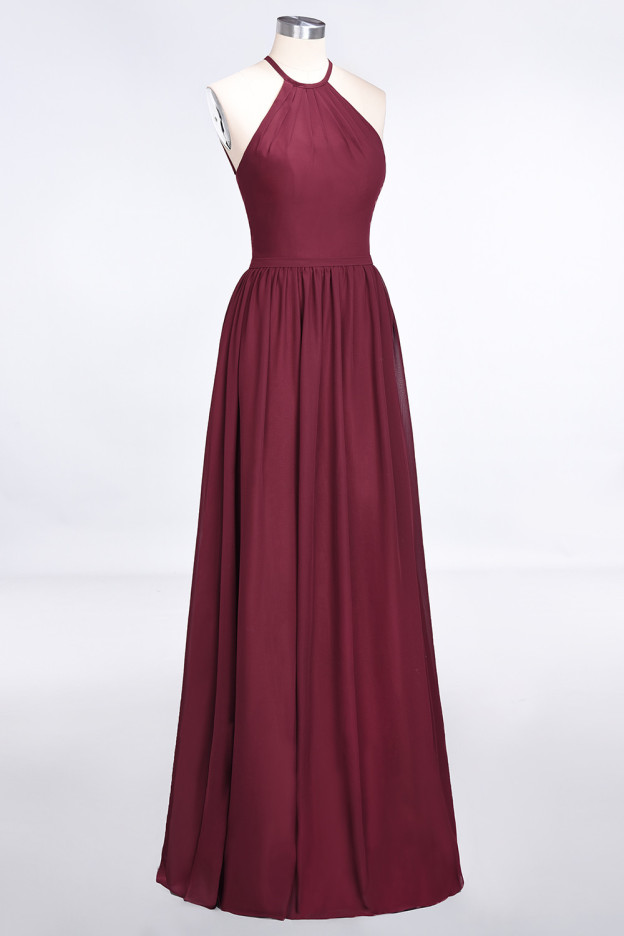 27prom Affordable Halter Sleeveless Long Burgundy Bridesmaid Dress with Ruffle-27prom
