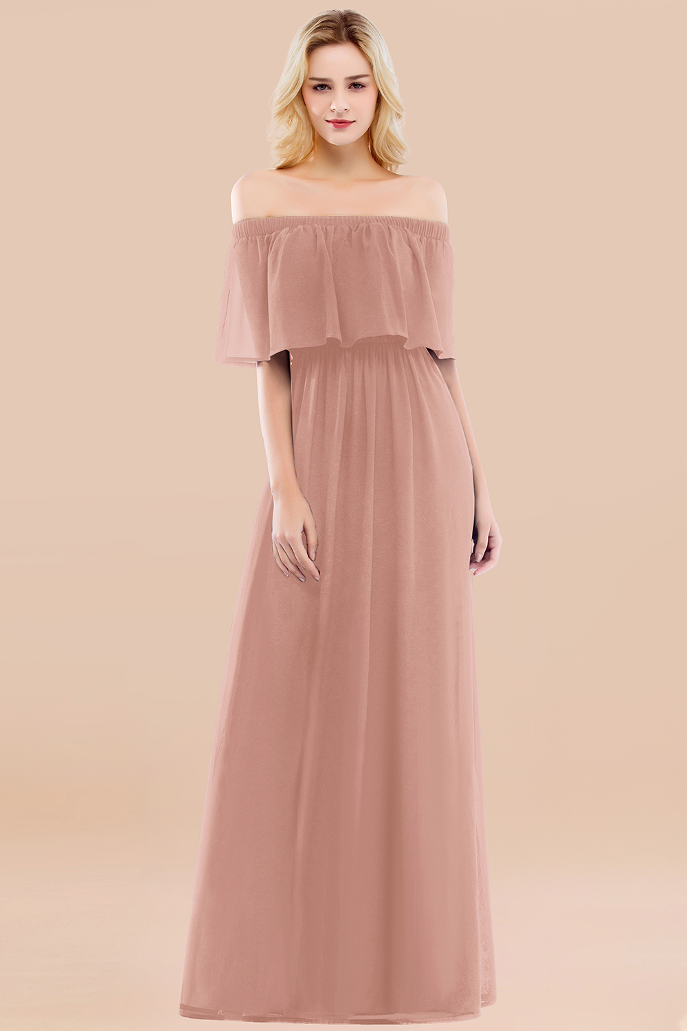 27prom Vintage Off-the-Shoulder Long Burgundy Bridesmaid Dress with Ruffle-27prom