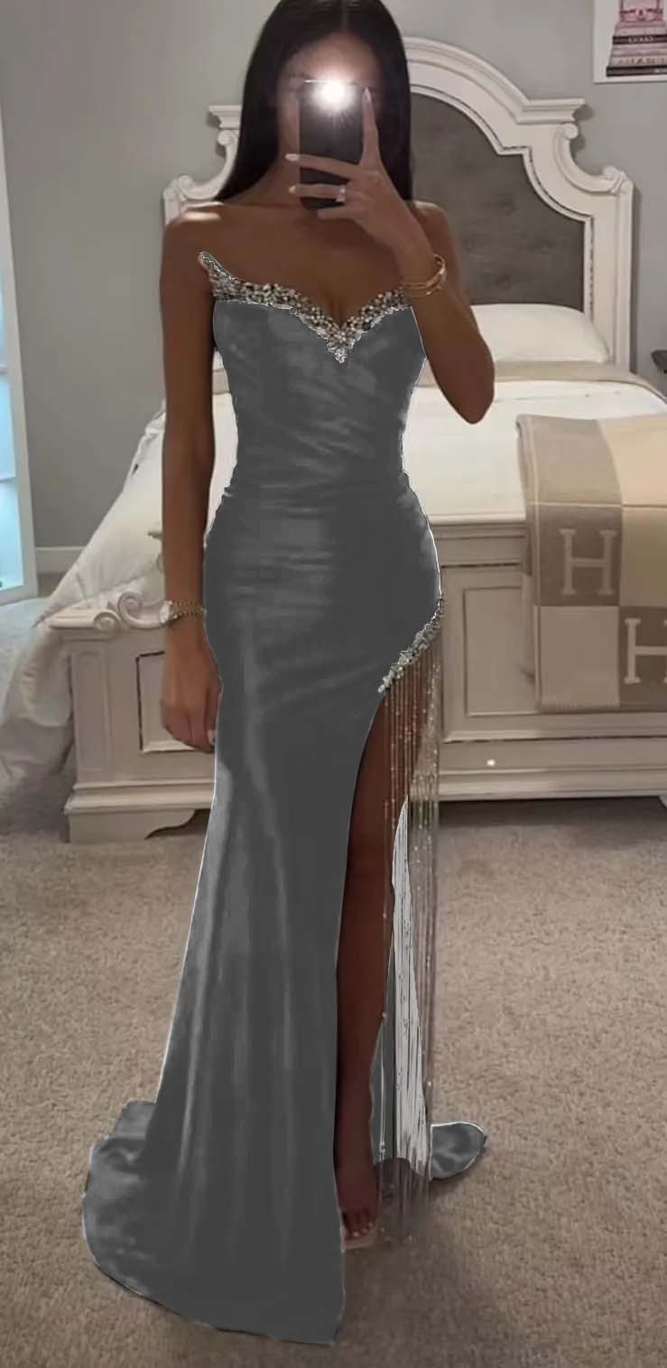 Strapless Sleeveless Long Mermaid Prom Dress With Split Tassel Beading