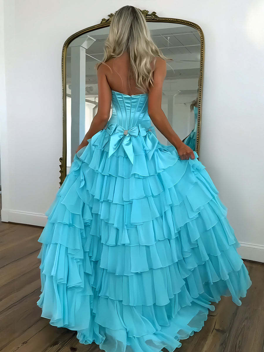 Blue Princess Strapless Tiered A-Line Long Prom Dress with Slit