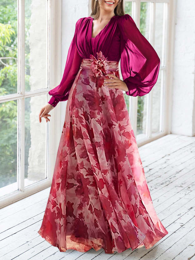 Floral Plus Size Mother of the Bride Dress with V-Neck and Long Sleeves-27prom