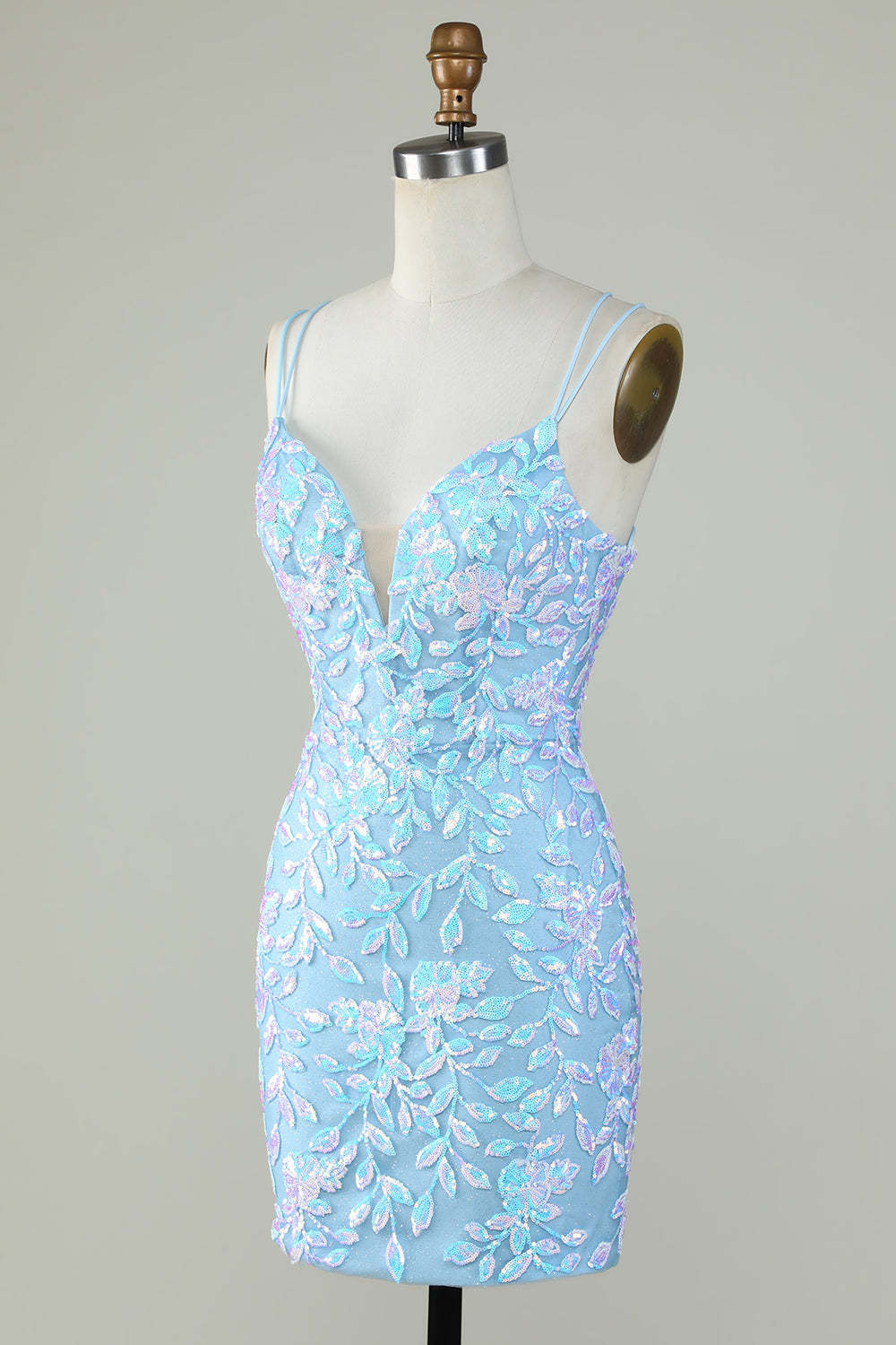 Light Blue Sparkly Lace-Up Back Homecoming Dress