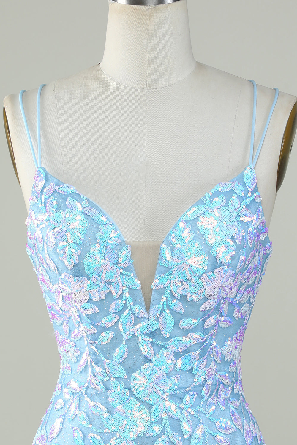 Light Blue Sparkly Lace-Up Back Homecoming Dress