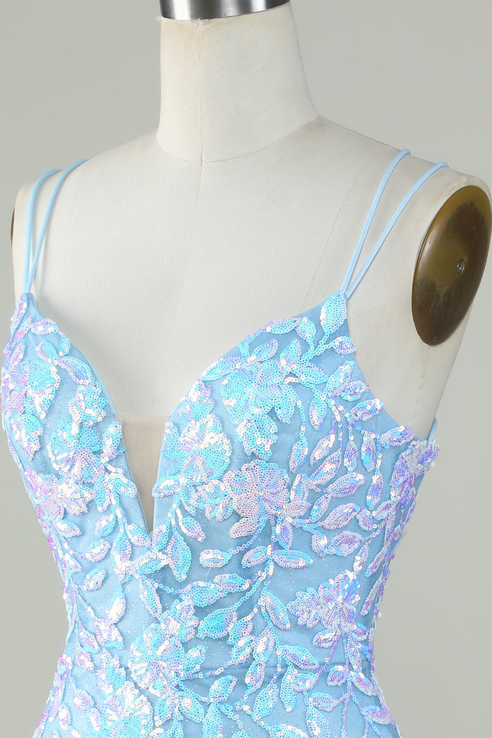 Light Blue Sparkly Lace-Up Back Homecoming Dress
